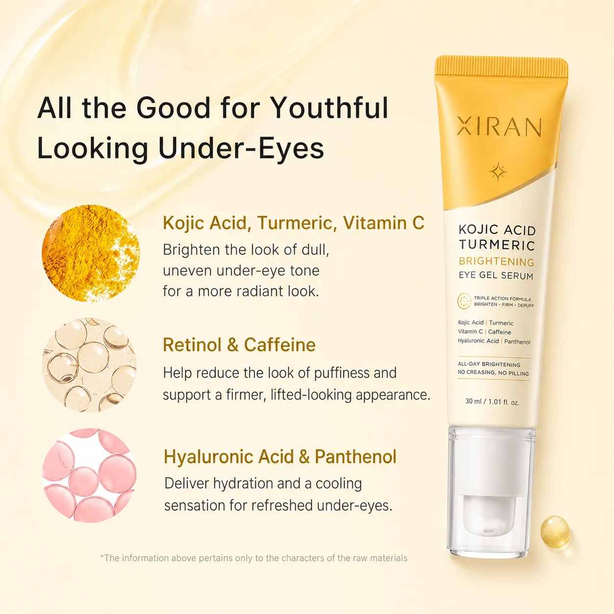 XIRAN brightening eye gel serum featuring kojic acid, turmeric, retinol, caffeine, hyaluronic acid, and panthenol for youthful under-eyes.